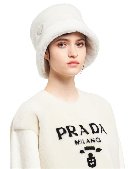 white prada bucket hat|Prada fluffy hat.